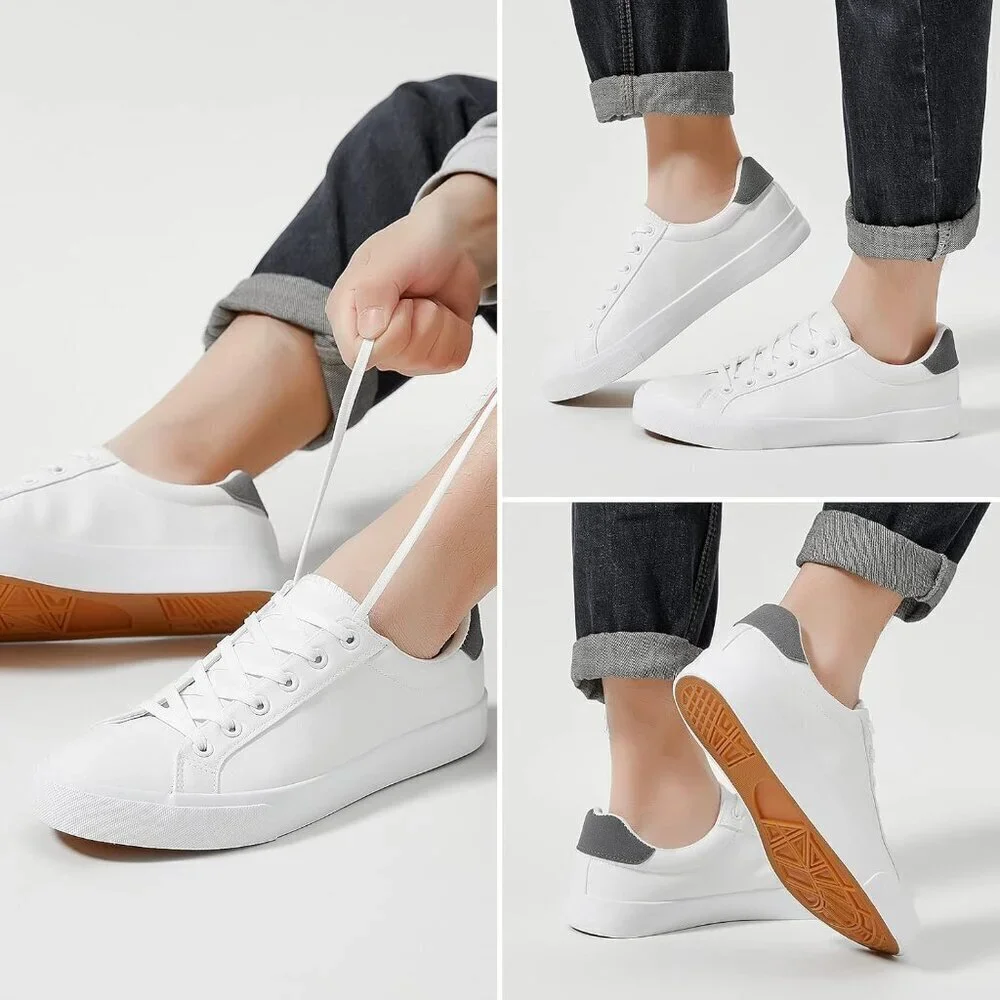 Mens White Tennis Shoes Low Top Fashion Sneakers PU Leather Casual Footwear